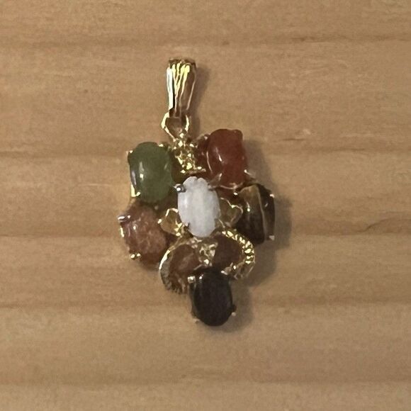 Tiger Eye Jade Onxy Goldstone Opal Precious Gemstones Cluster Pendant - Picture 2 of 5